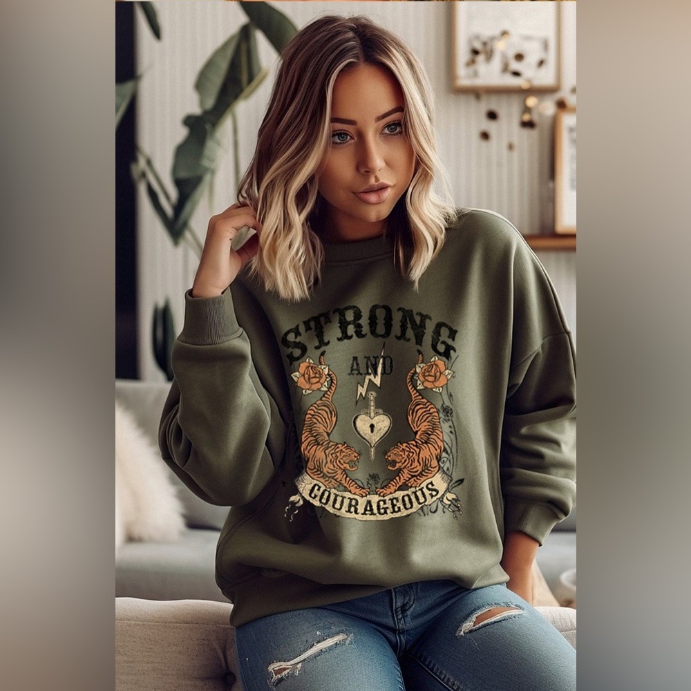 OLIVE COLORED STRONG AND COURAGEOUS TIGER SWEATSHIRT